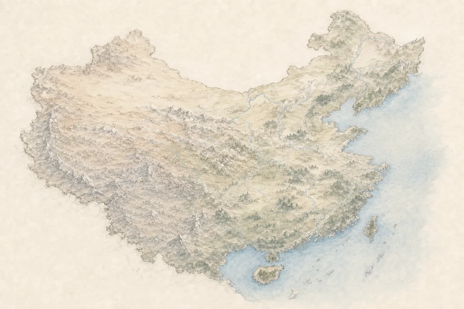 中国手绘地形摄影地图