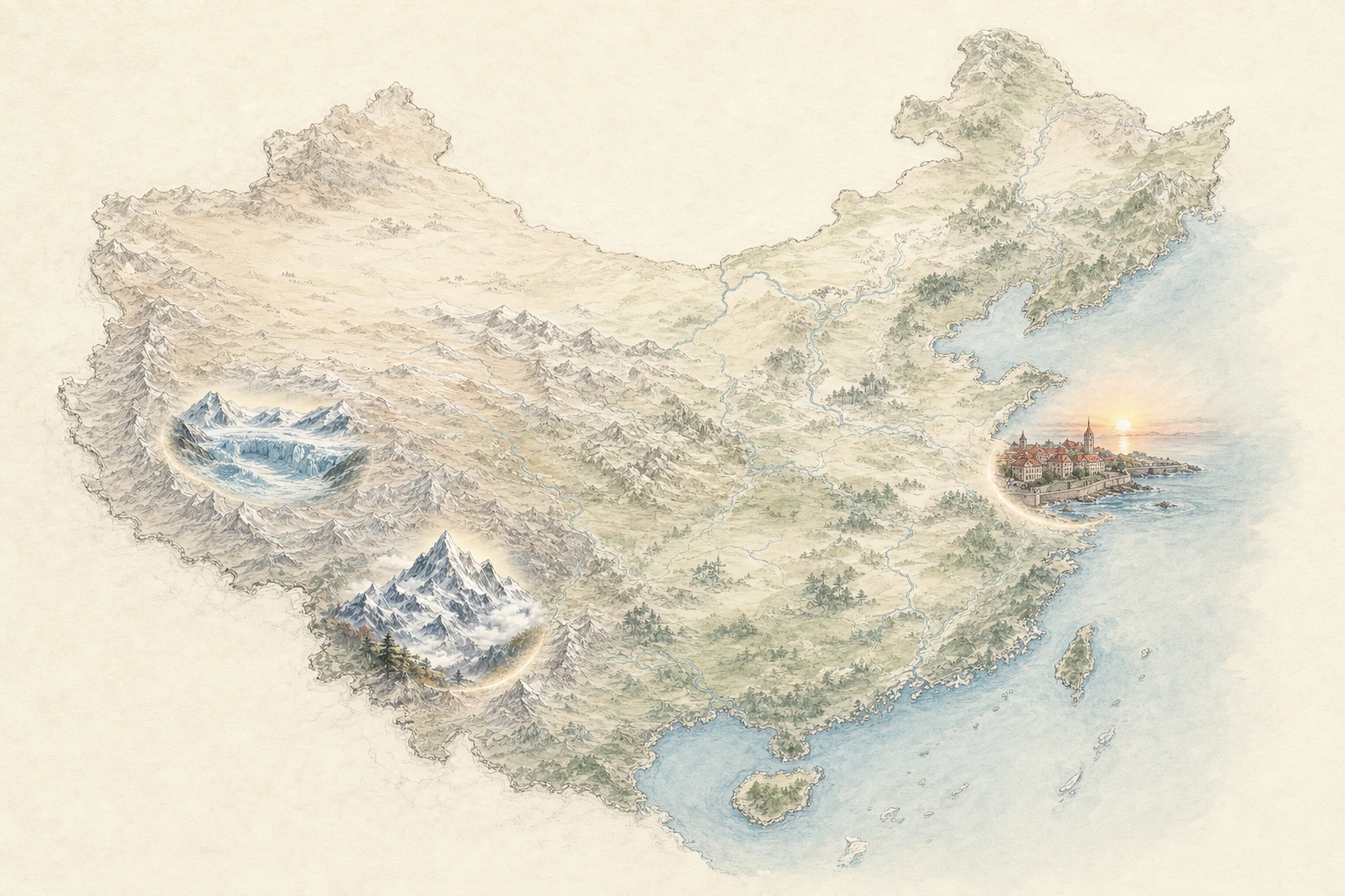 中国手绘地形与旅行摄影地图